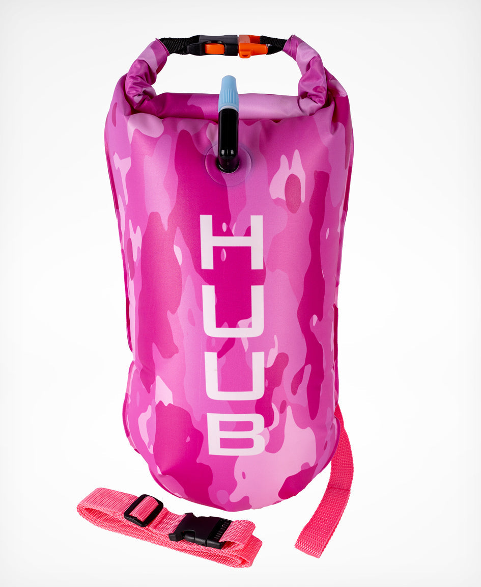 HUUB Safety Tow Float in Pink Camo with 16L open-water swim buoy shape and waist belt