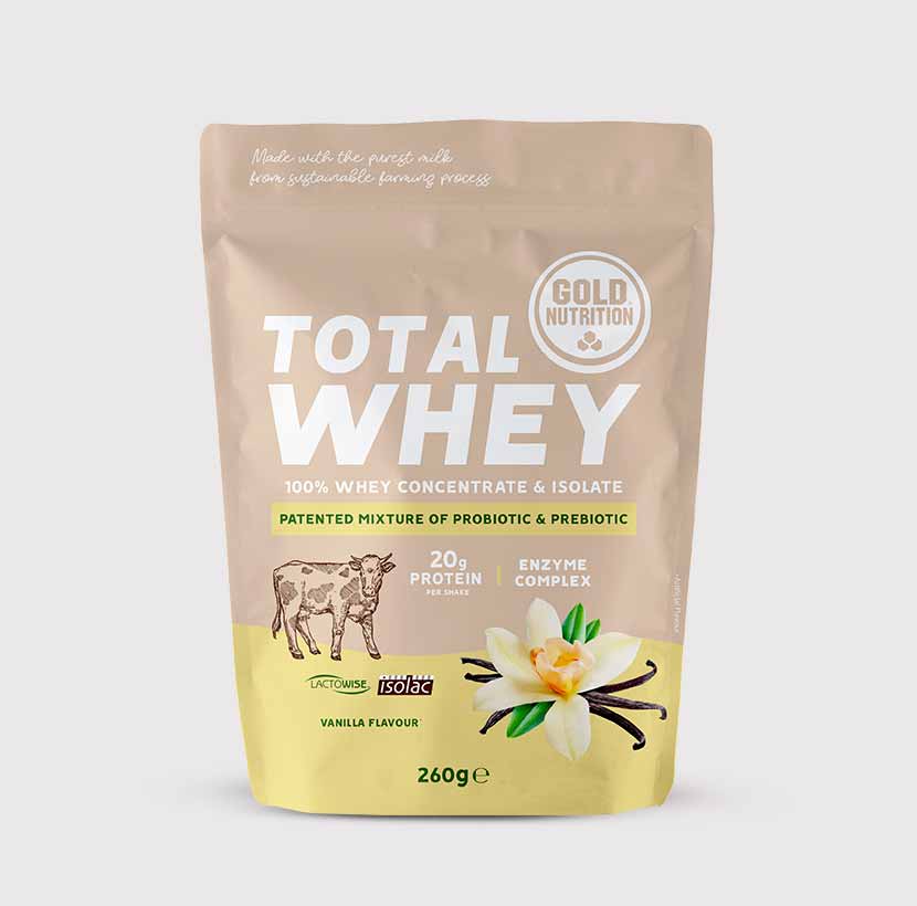 GoldNutrition Total Whey vanilla protein powder in a 260g container, showing the product packaging and label.