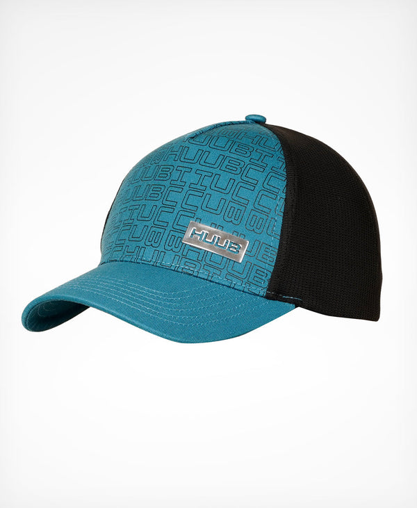 HUUB Running Baseball Cap in Black/Steel Blue with mesh trucker-style panels.