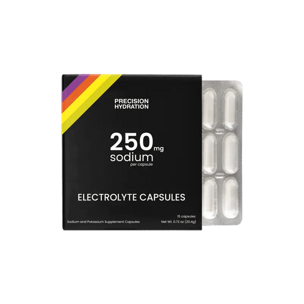 Precision Fuel & Hydration SweatSalt Electrolyte Capsules in a blister pack, designed for hydration and electrolyte replenishment.