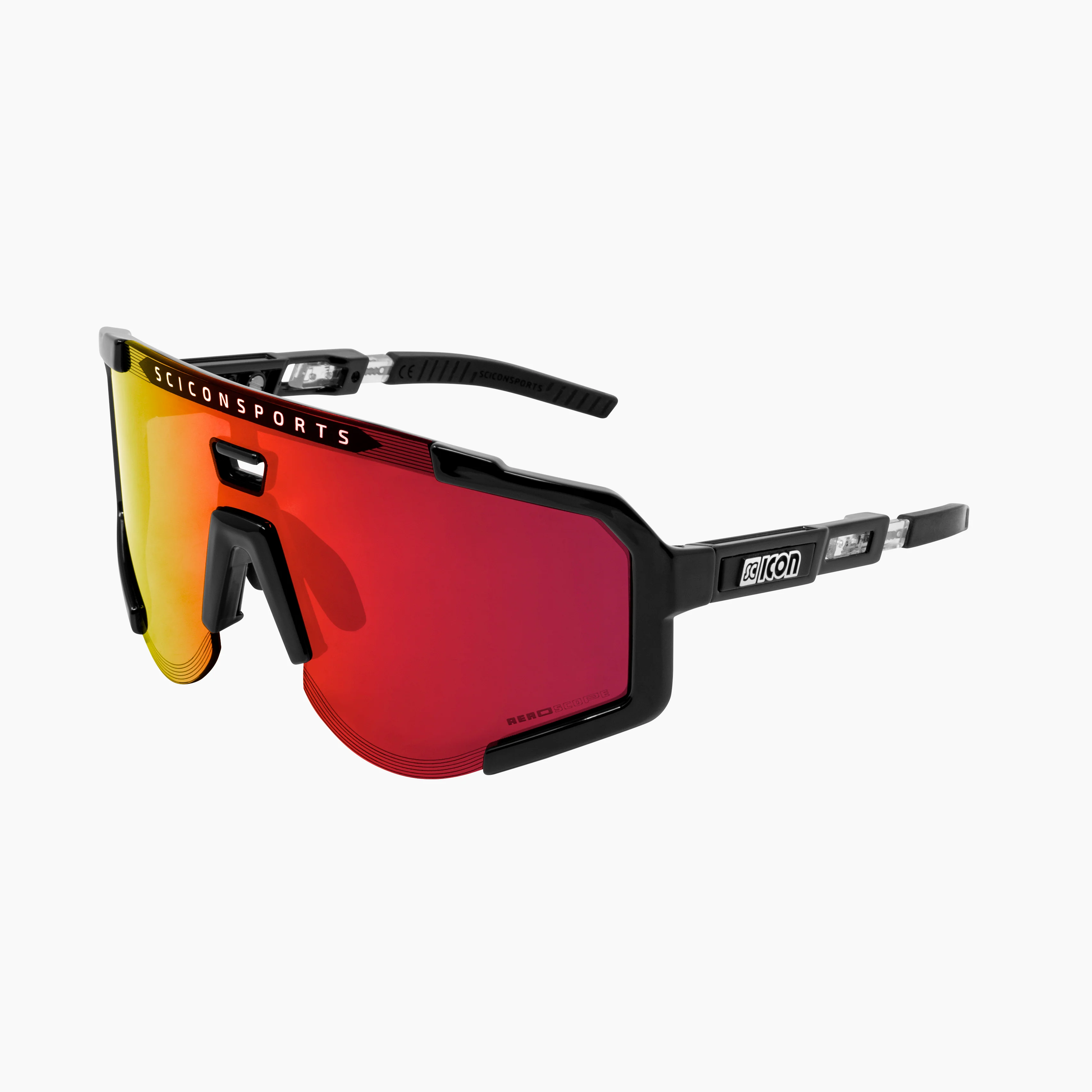 Scicon Aeroscope cycling sunglasses with black gloss frame and multimirror red shield lens