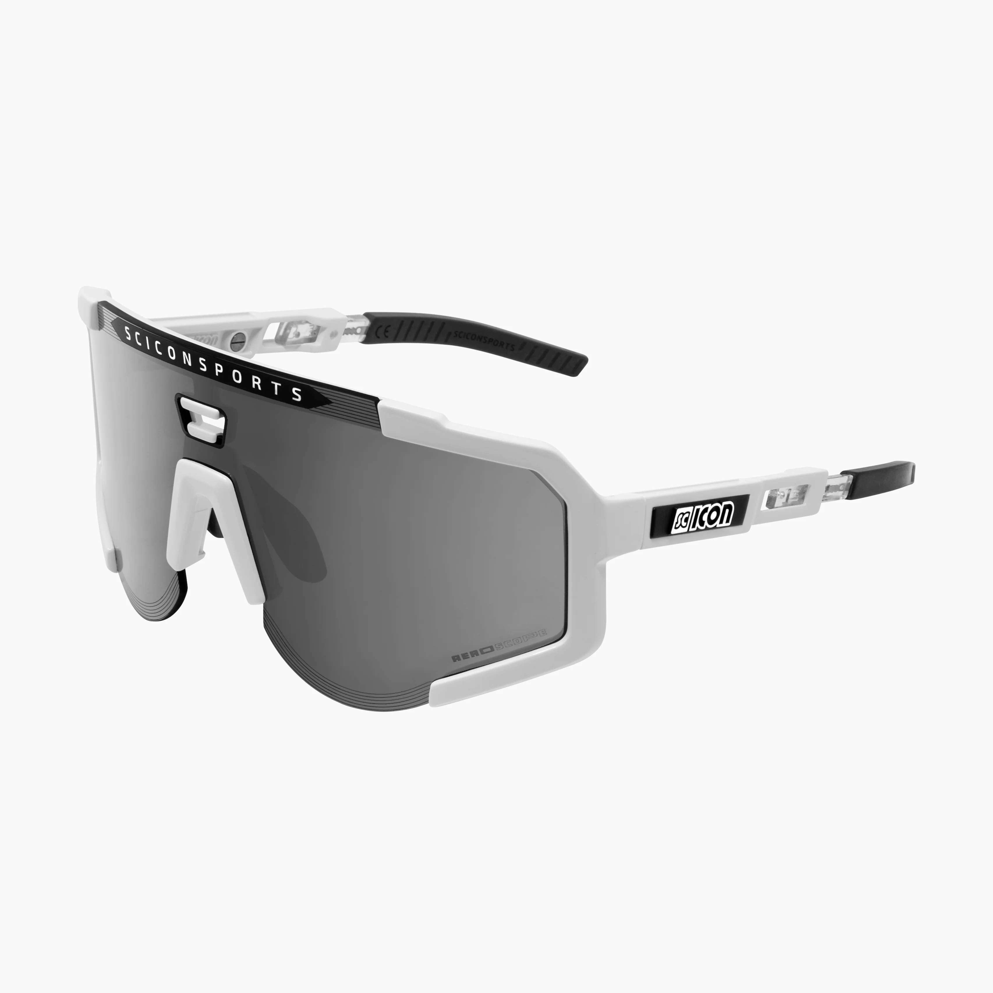 Scicon Aeroscope high-performance sport sunglasses with black gloss finish and red multi-mirror lenses, designed for active wear.