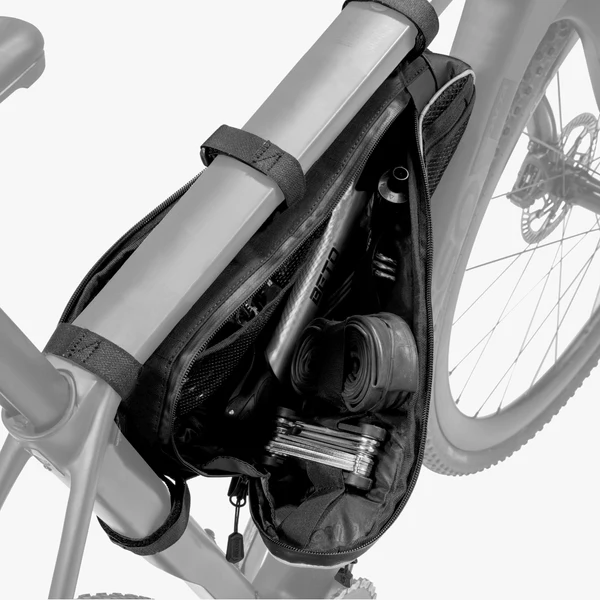 Scicon 3L bike frame bag attached to a bicycle, showcasing its compact design and easy-access storage for cycling essentials.