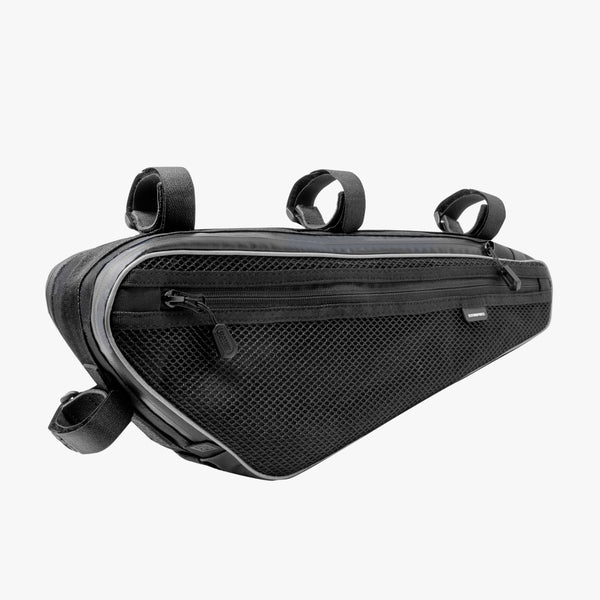 Scicon 3L bike frame bag attached to a bicycle frame, compact storage solution for cycling gear and essentials.