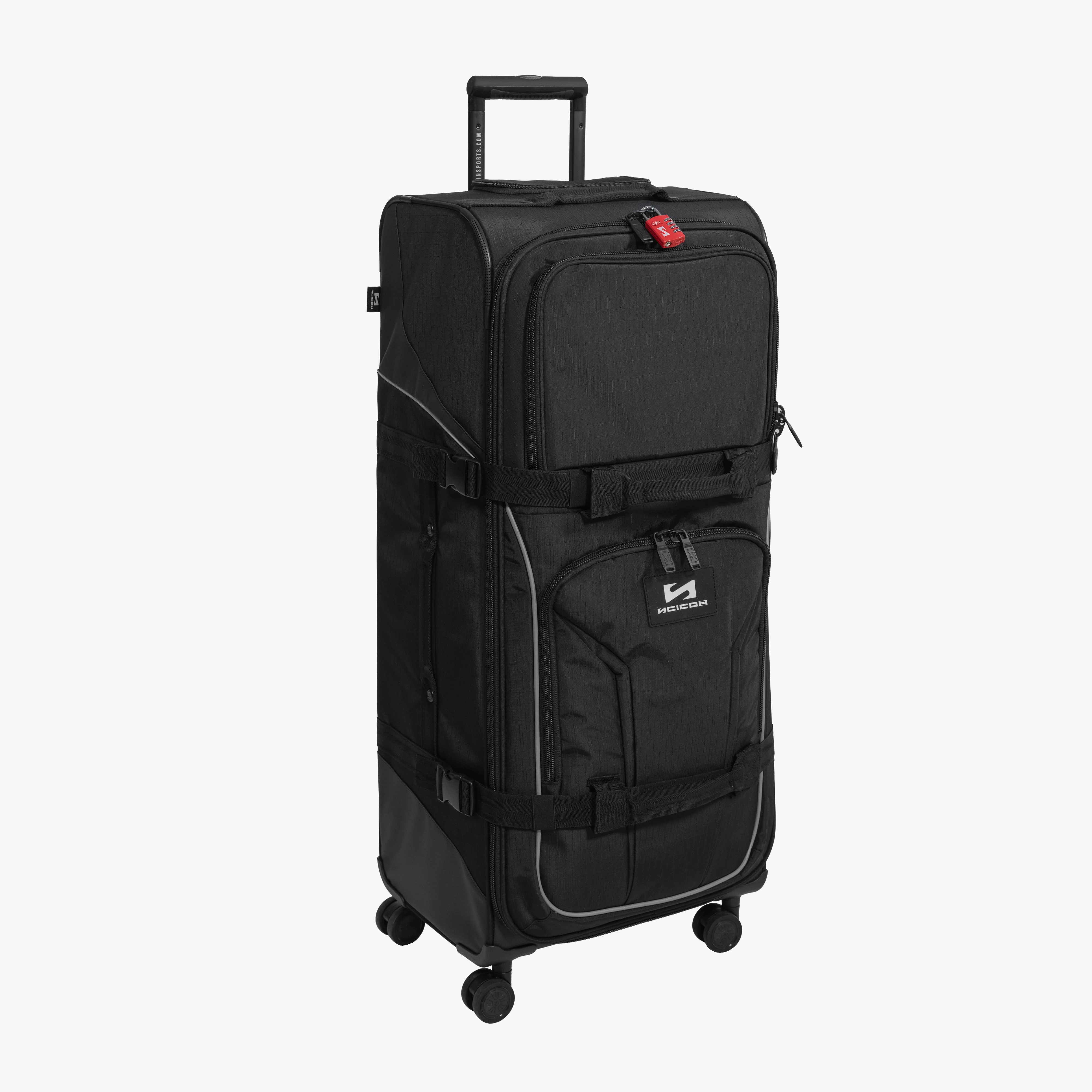 Scicon 110L 4WD Trolley Luggage in black with sturdy wheels and extendable handle for travel and easy mobility.