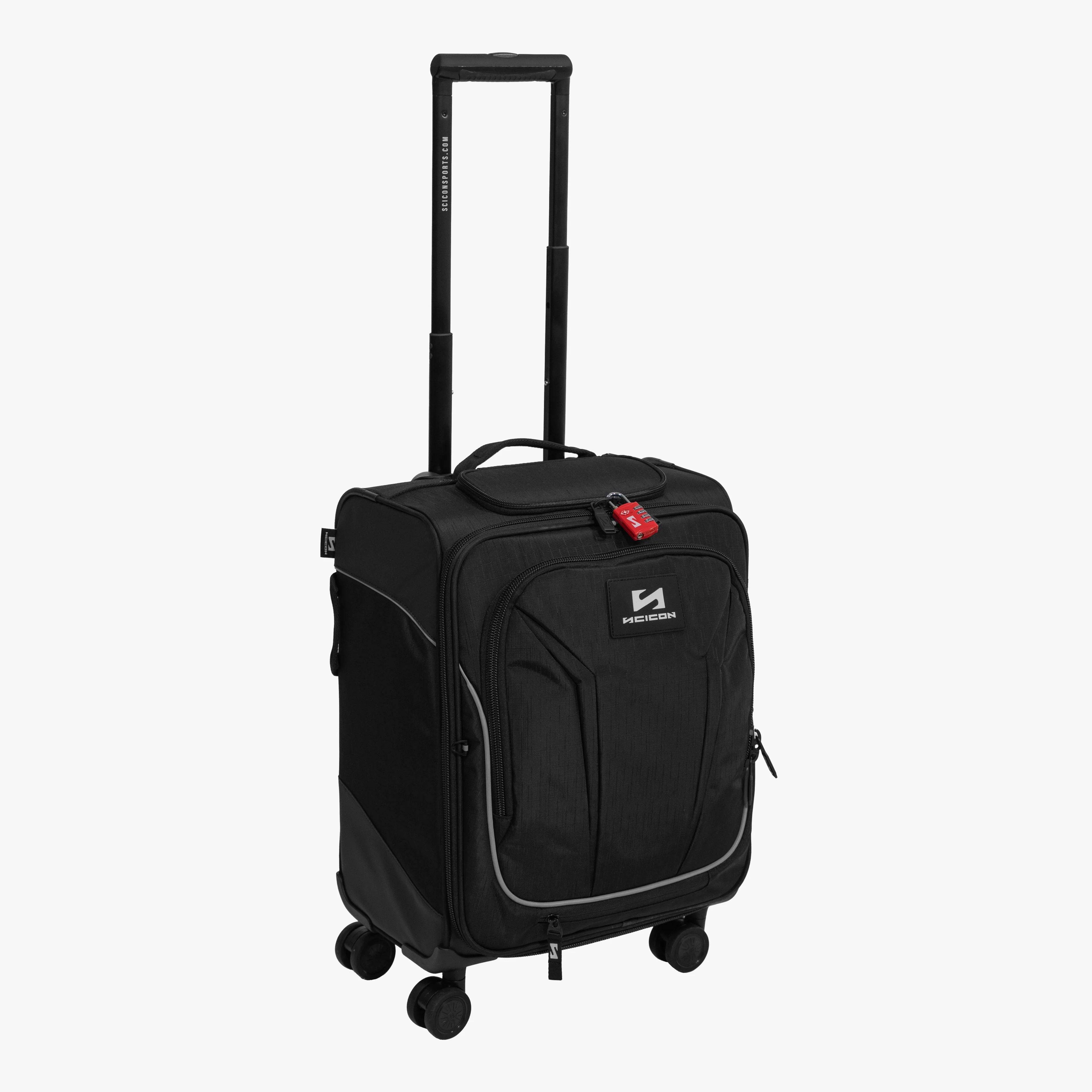 Scicon 35L 4WD cabin luggage with hard shell, four-wheel design, black finish, and sturdy handle for easy travel.